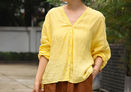 edoa High Counted Linen V-neck Blouse
