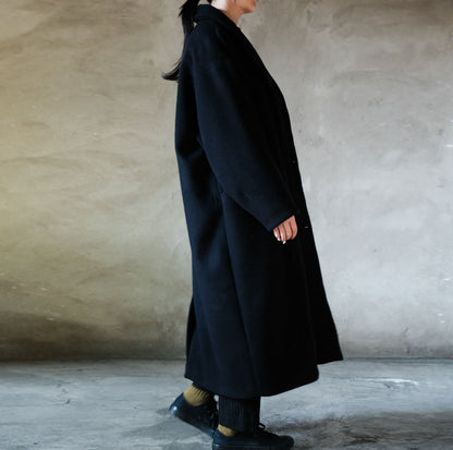 edoa Navy Blue Shawl Collar Wool Coat 