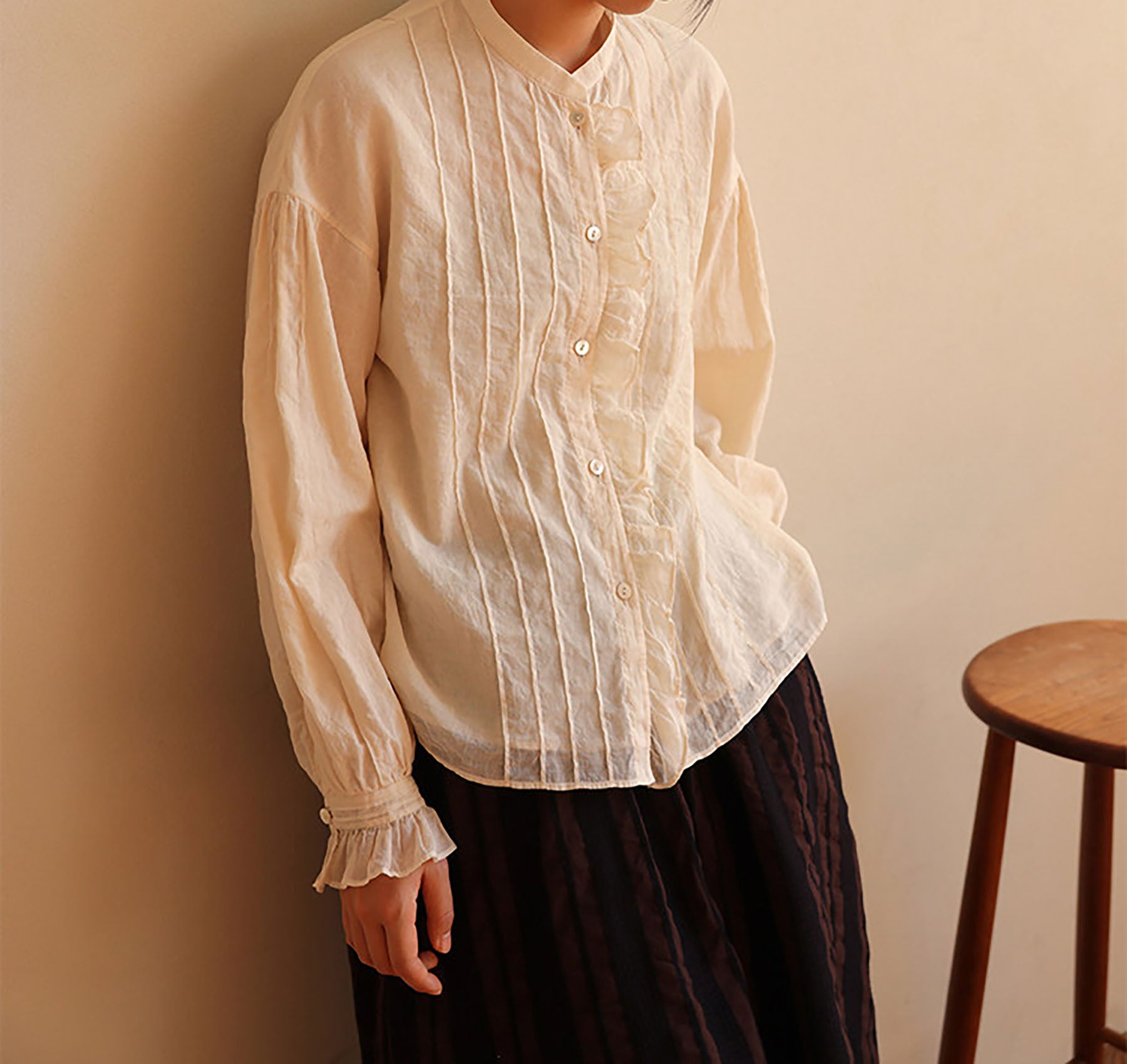 edoa Elegant Double-layer High Counted Long Staple Cotton Pintucked Ruffle Blouse