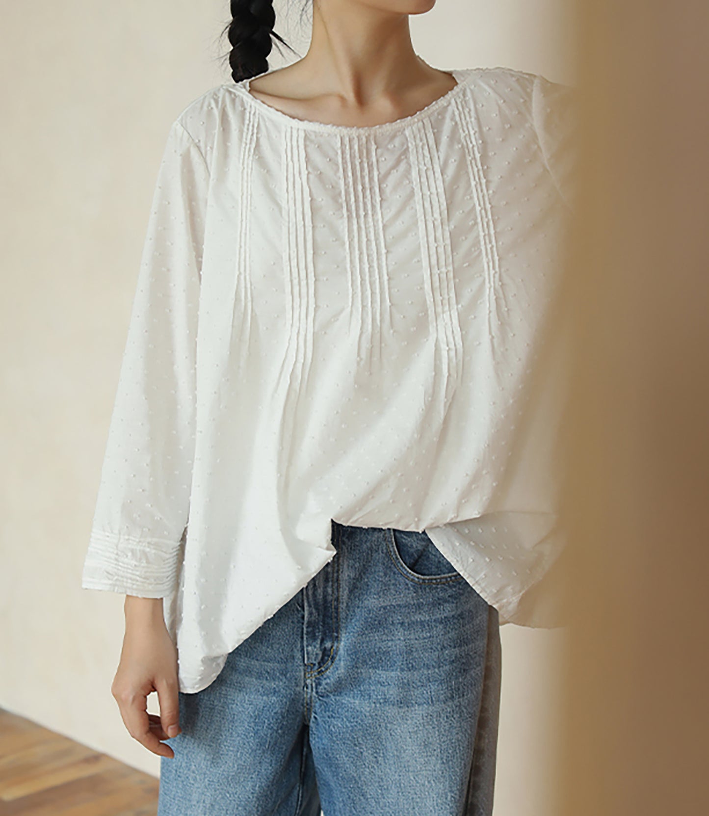 edoa Flocked Polka Dot Cotton Pintuck Blouse
