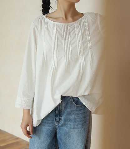 edoa Flocked Polka Dot Cotton Pintuck Blouse