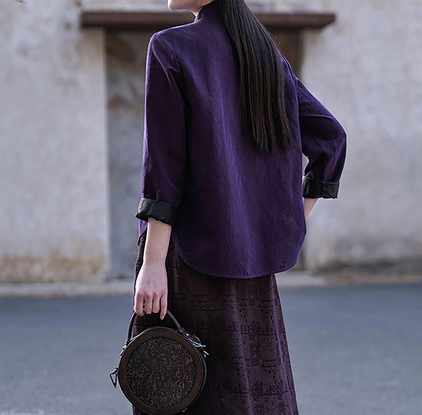 edoa Purple Cracked Mud Silk Cheongsam Top
