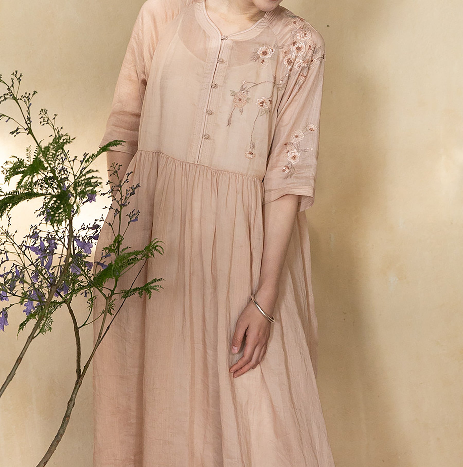 edoa Ramie Chinese Dress with Hand Embroidery