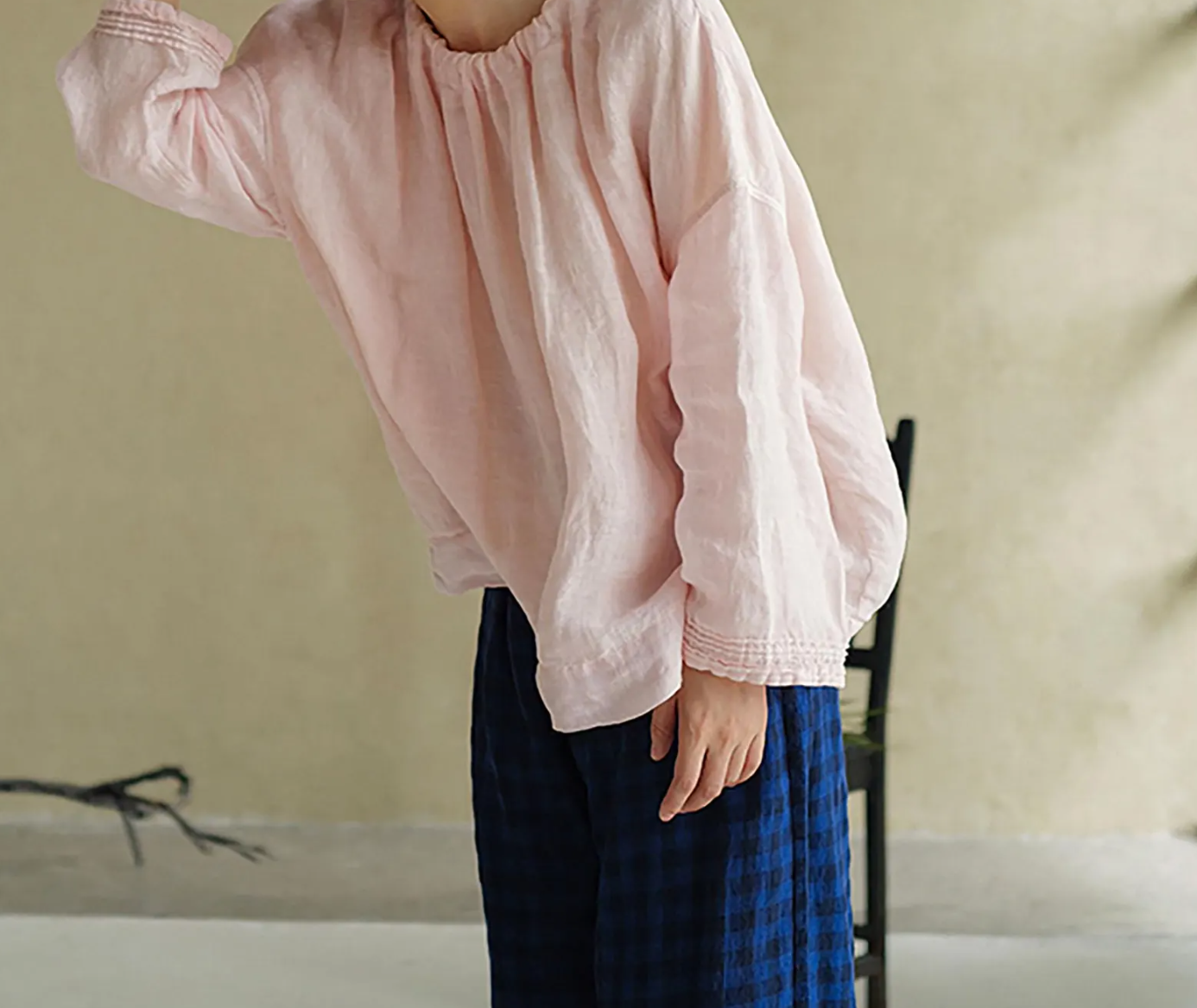 edoa Pink High Counted Linen Gather Blouse
