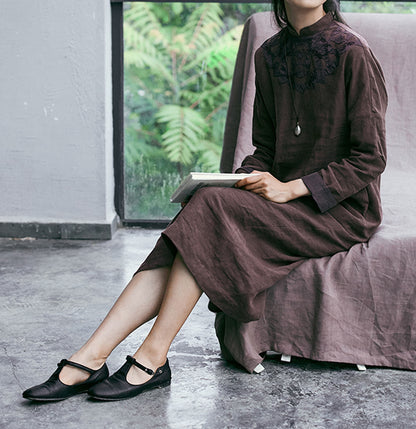 edoa Washed Linen Applique Qipao Dress