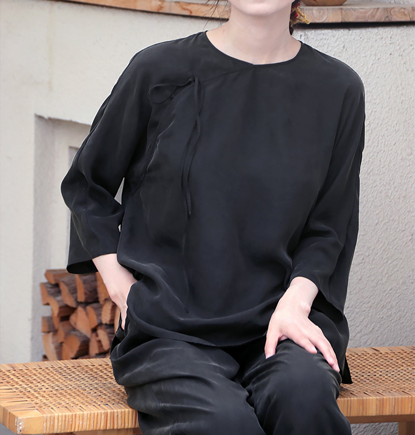 edoa Black Sand Washed Mulberry Silk Habotati Chinese Blouse