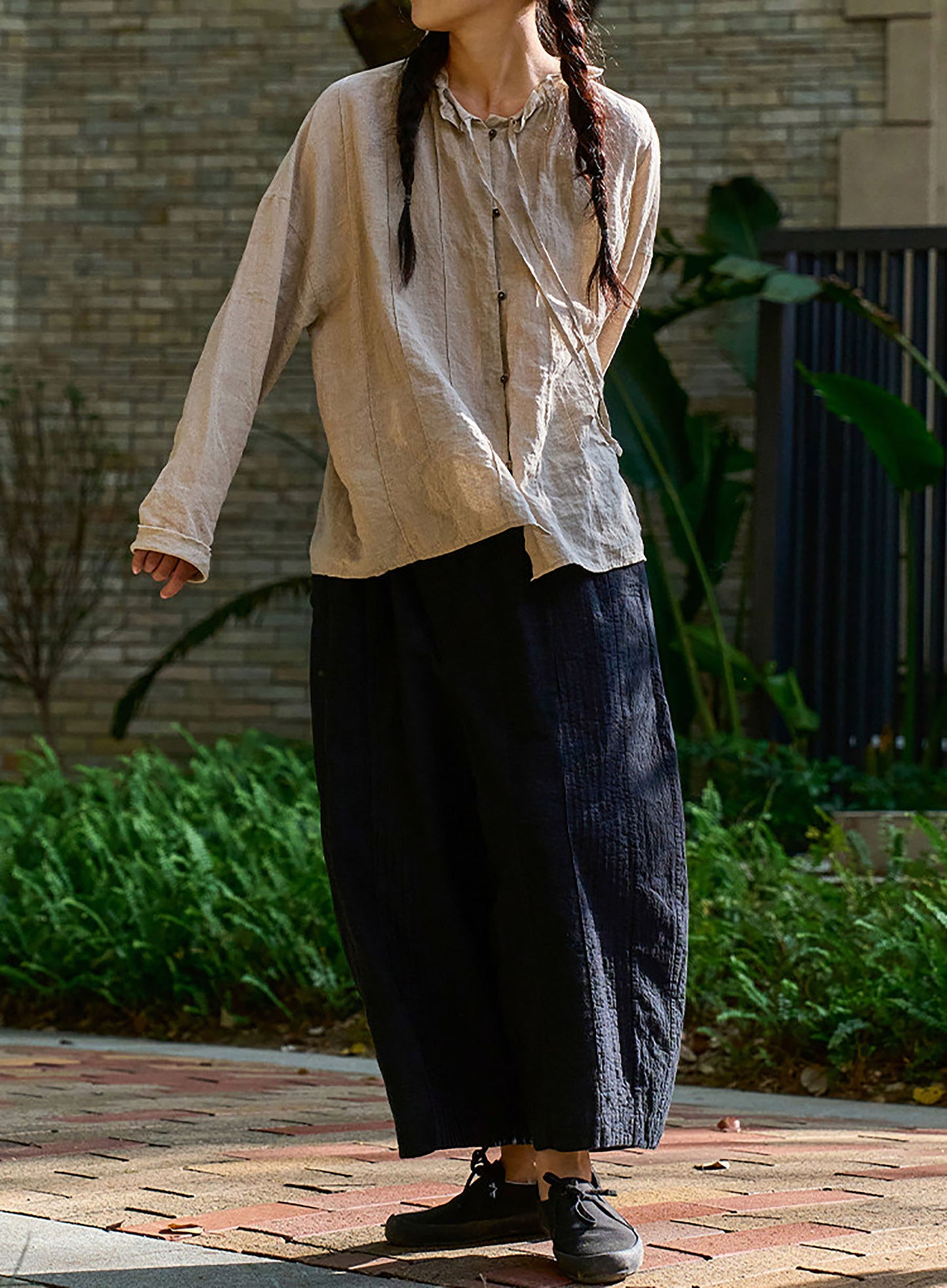 edoa Flax Linen Ruffled Collar Blouse with Pintucks
