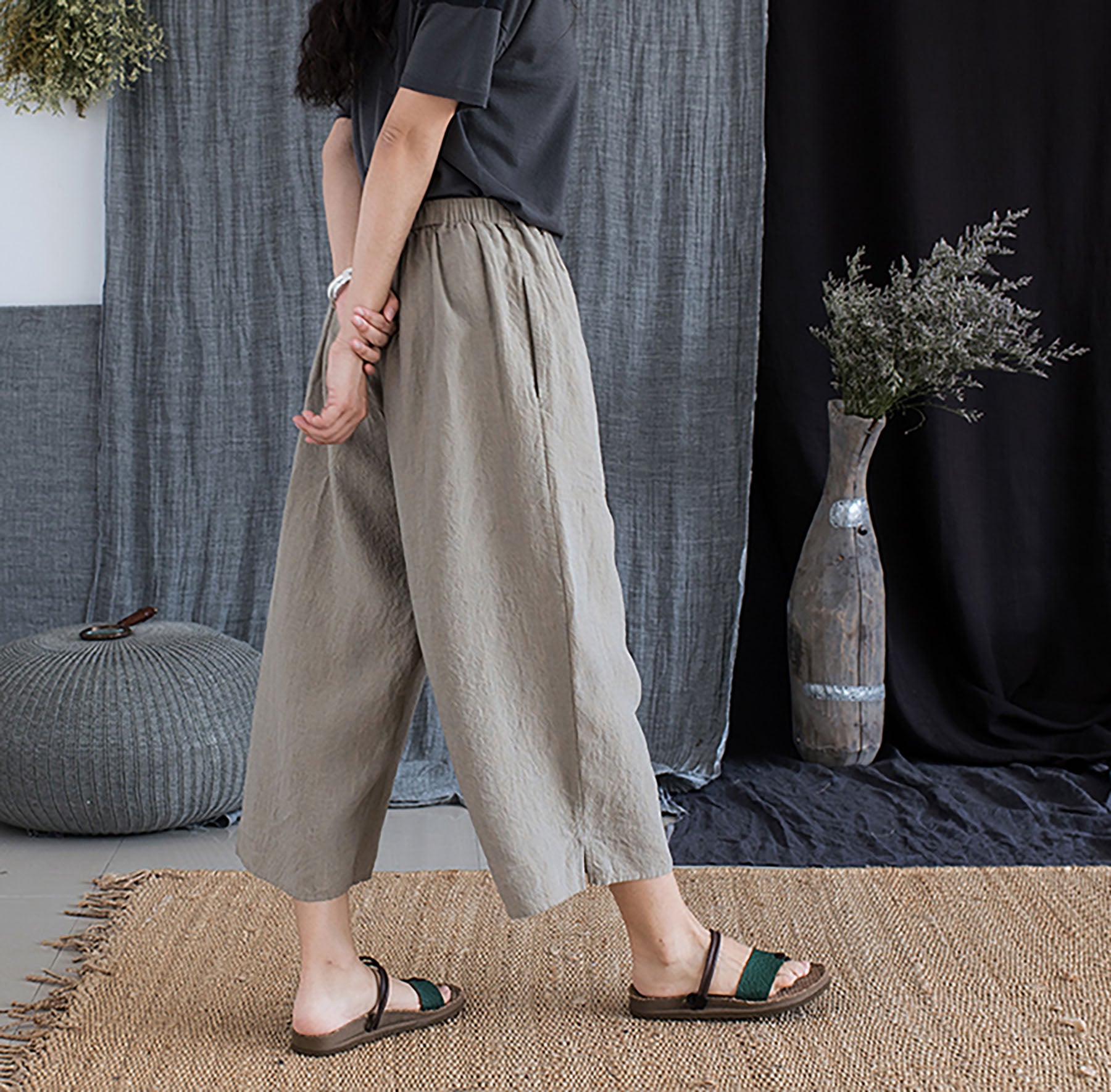 edoa Yarn Dyed French Linen Wide Pants