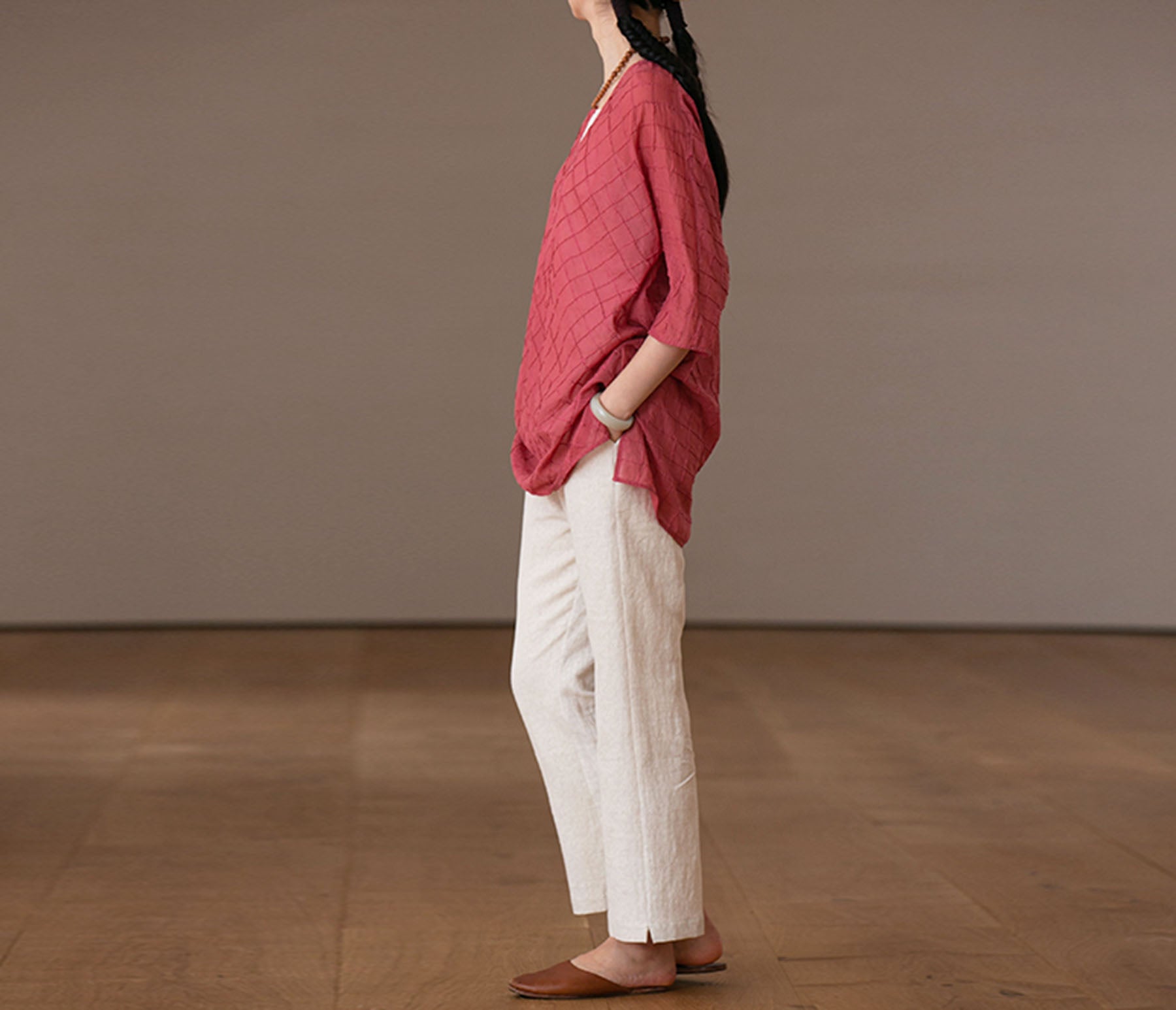 edoa High Counted Cotton Pintucked V-neck Blouse 