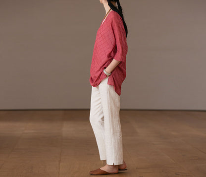 edoa High Counted Cotton Pintucked V-neck Blouse 