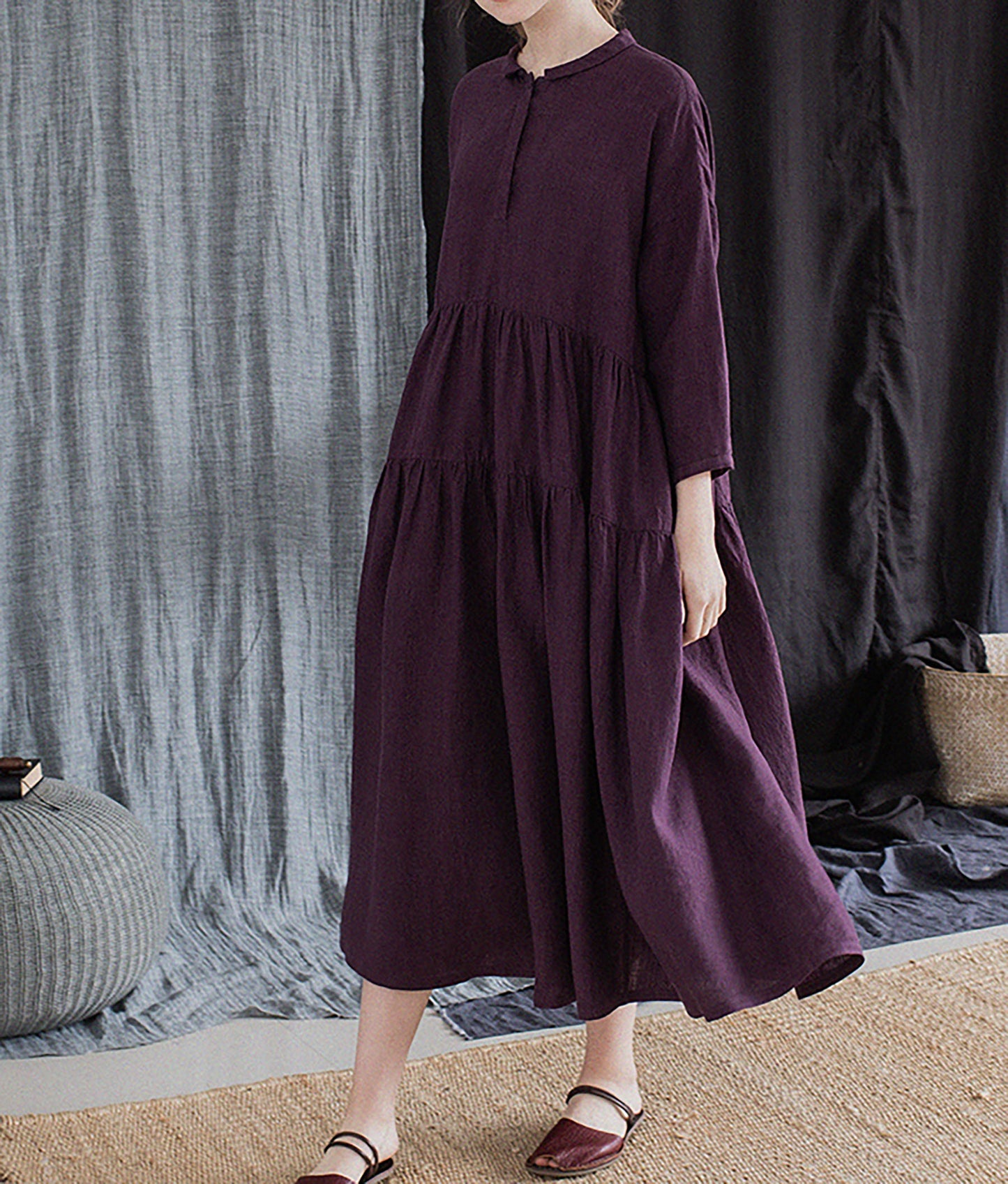 edoa Grape Purple Linen Peter Pan Collar Tiered Dress
