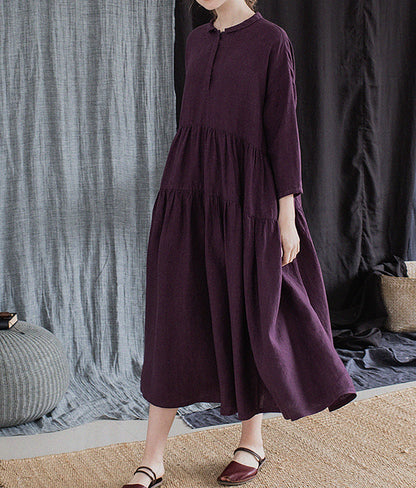 edoa Grape Purple Linen Peter Pan Collar Tiered Dress