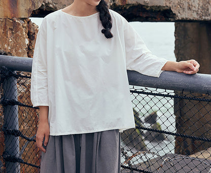 edoa White Loose Fitting Dolman Sleeves  Cotton Pullover Shirt