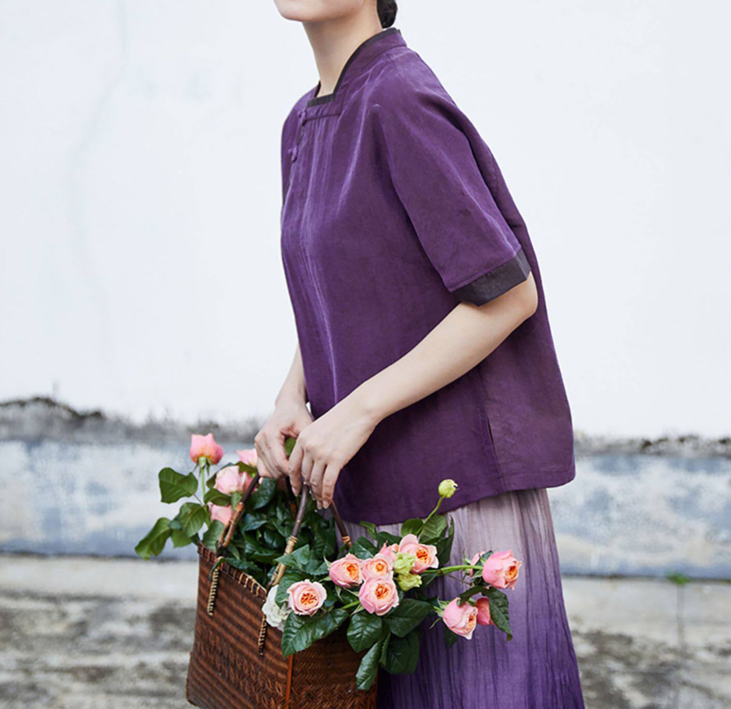 edoa Purple Cracked Mud Silk Chinese Blouse