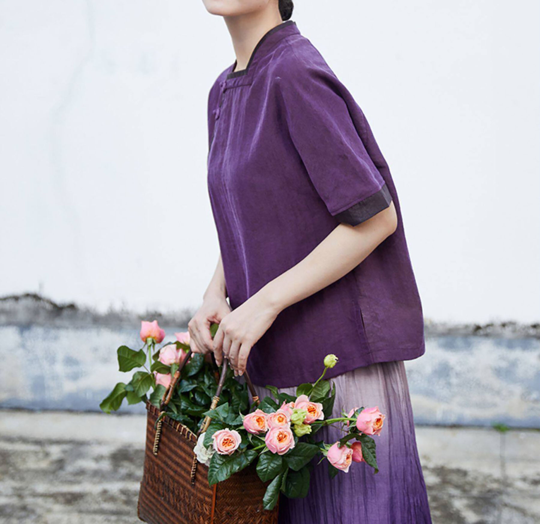 edoa Purple Cracked Mud Silk Chinese Blouse