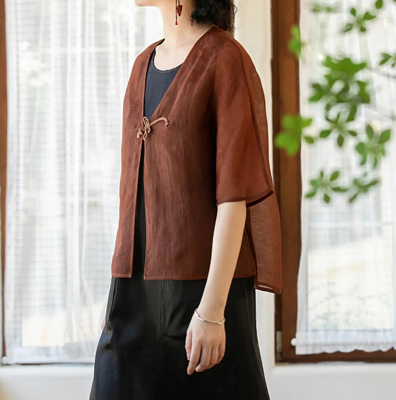edoa Mud Silk Satin-organza Blazer with Dragonfly Button