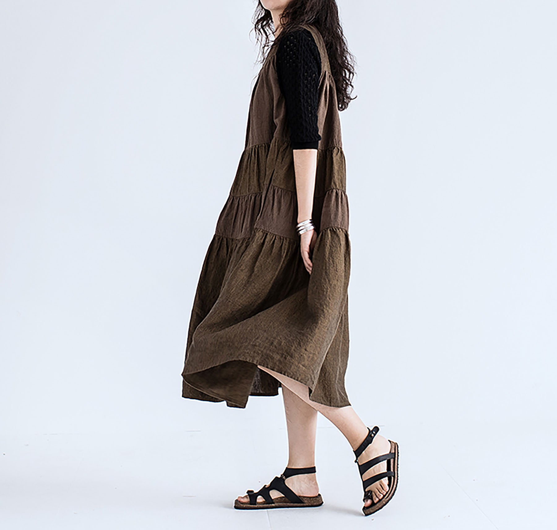 edoa Brown Two-tone Linen Tired Midi Dress