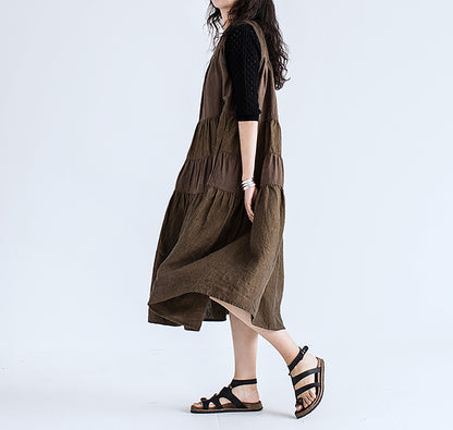 edoa Brown Two-tone Linen Tired Midi Dress