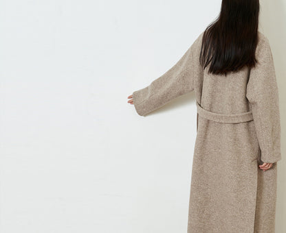 edoa Boiled Wool Minimalist V-neck Trapeze Long Coat