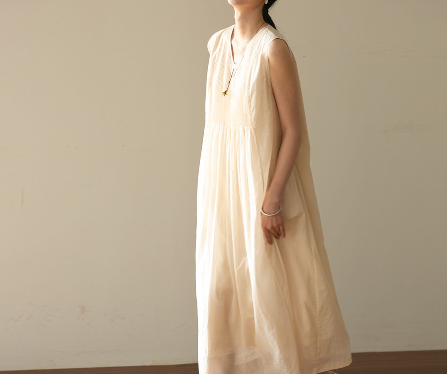 edoa High Count Cotton Pintucked Sleeveless Dress