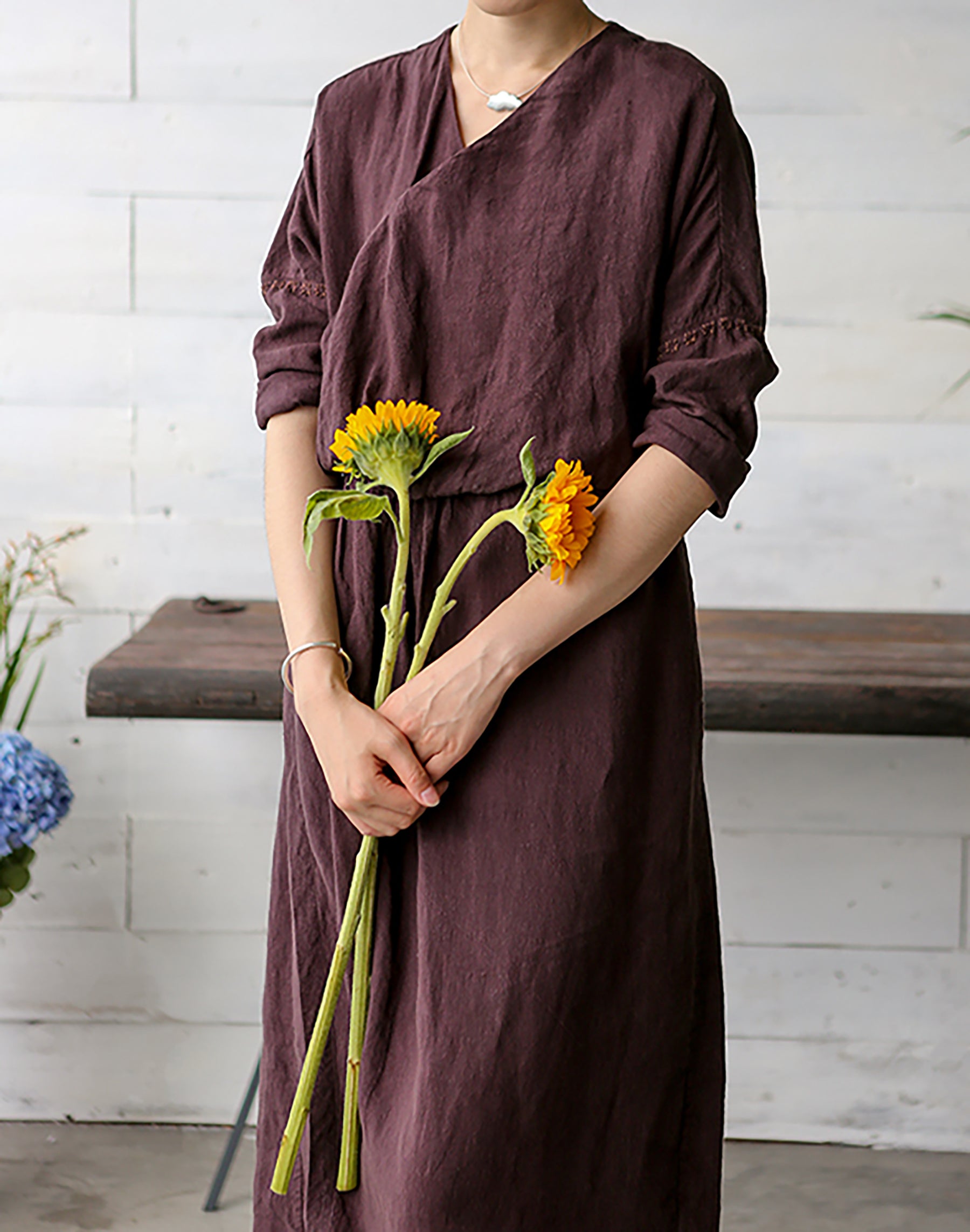 edoa Linen Wrap Dress with Hand Embroidery