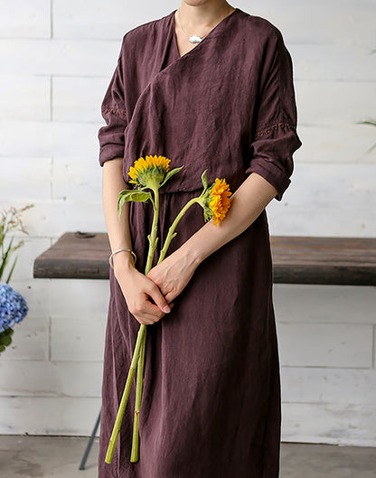 edoa Linen Wrap Dress with Hand Embroidery