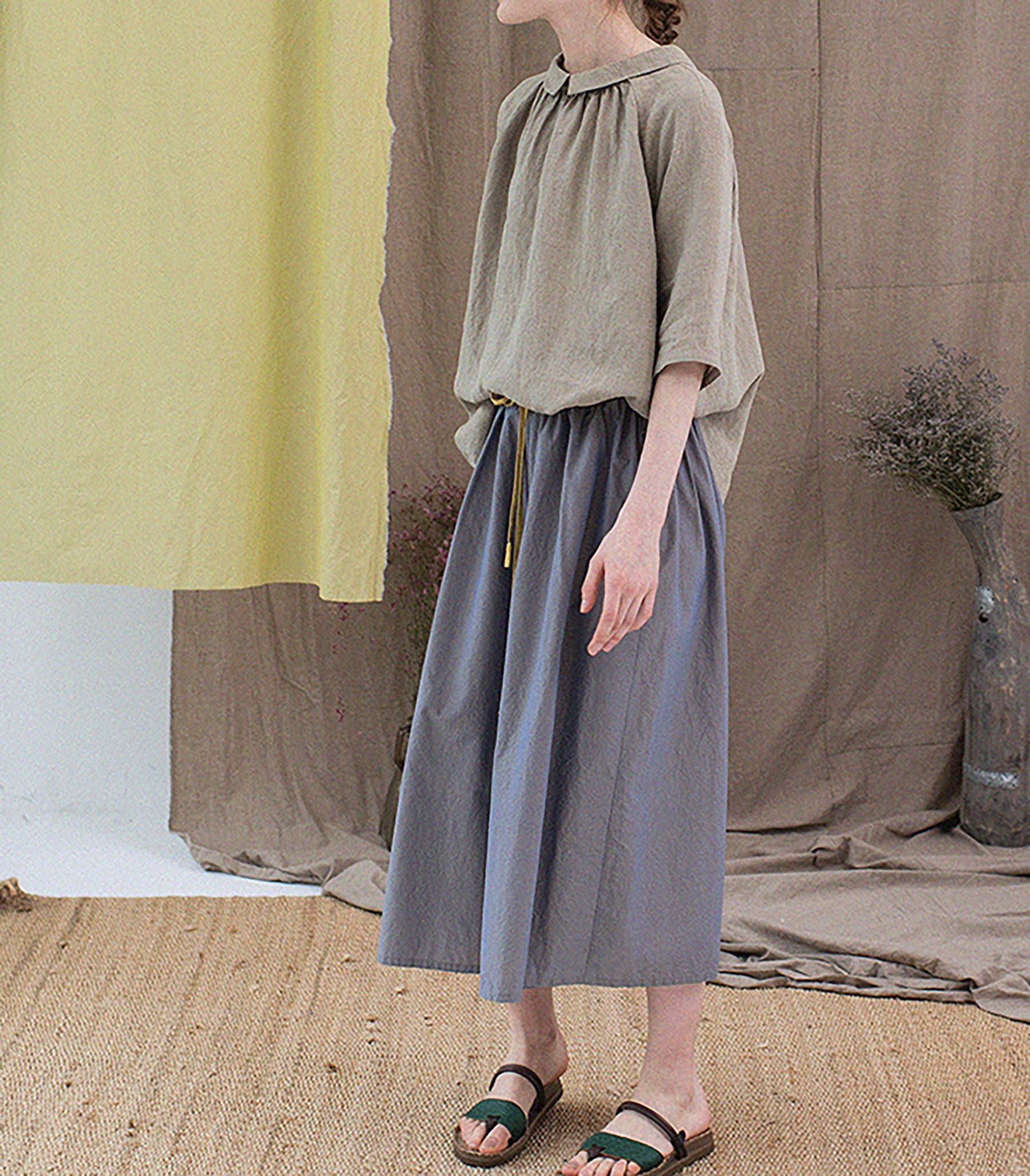 edoa Revesible Yarn dyed French Linen Peterpan Collar Blouse with Gather Neck