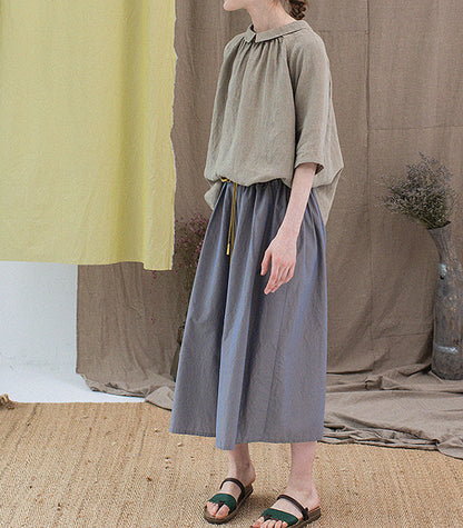 edoa Revesible Yarn dyed French Linen Peterpan Collar Blouse with Gather Neck