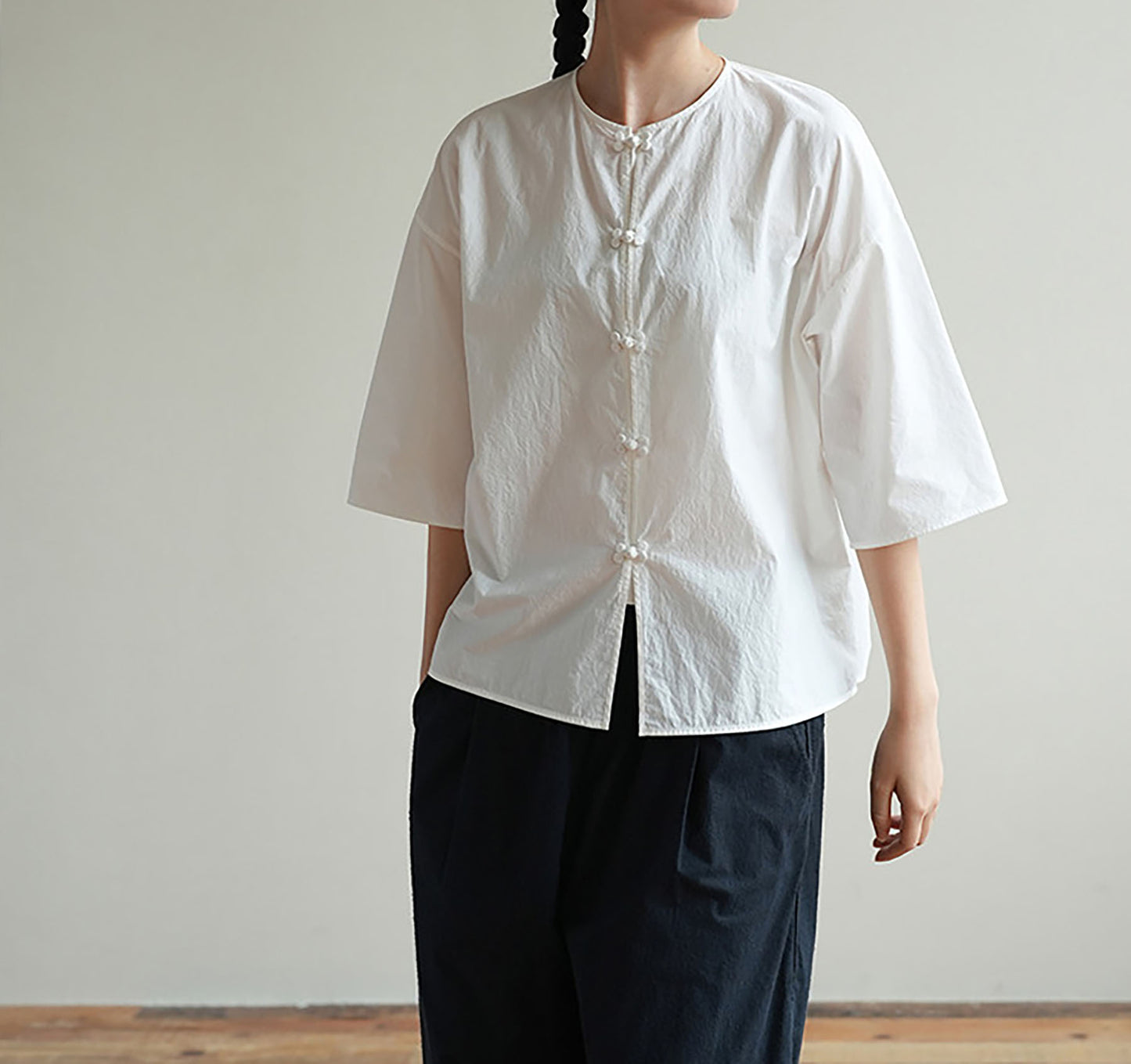 edoa 3/4 Sleeves Paper Cotton Round Neck Chinese Shirt 