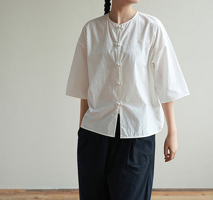 edoa 3/4 Sleeves Paper Cotton Round Neck Chinese Shirt 