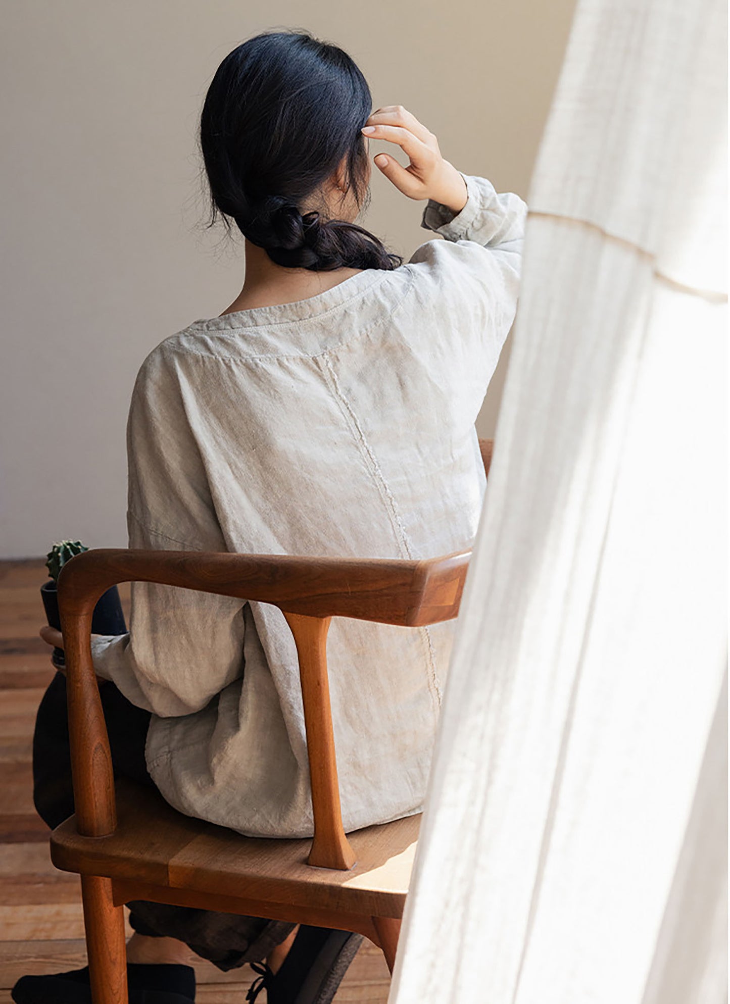 edoa Loose Fit Linen Long Sleeve Pullover Shirt 