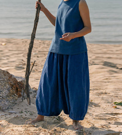 edoa Loose Natural Dyed Linen Low Crotch Pants