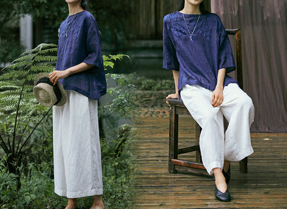 edoa High Counted Ramie Tee with Hand-sewn Applique'