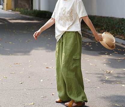 edoa Green Linen Elasticated Drawstring Waist Wide-leg Work Pants