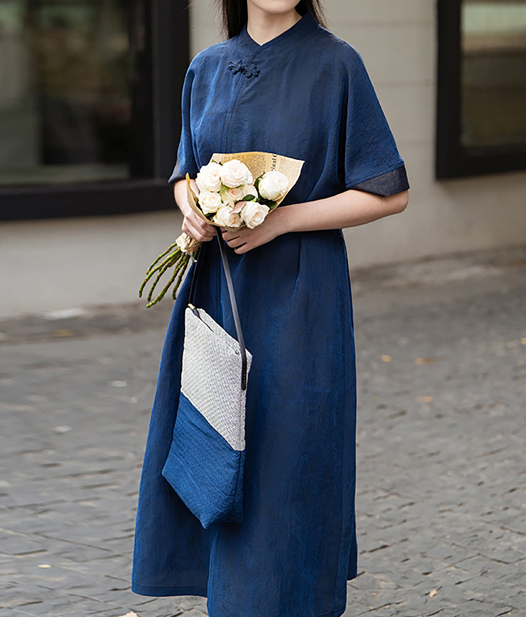 edoa Blue Cracked Mud Silk A-line Dress 