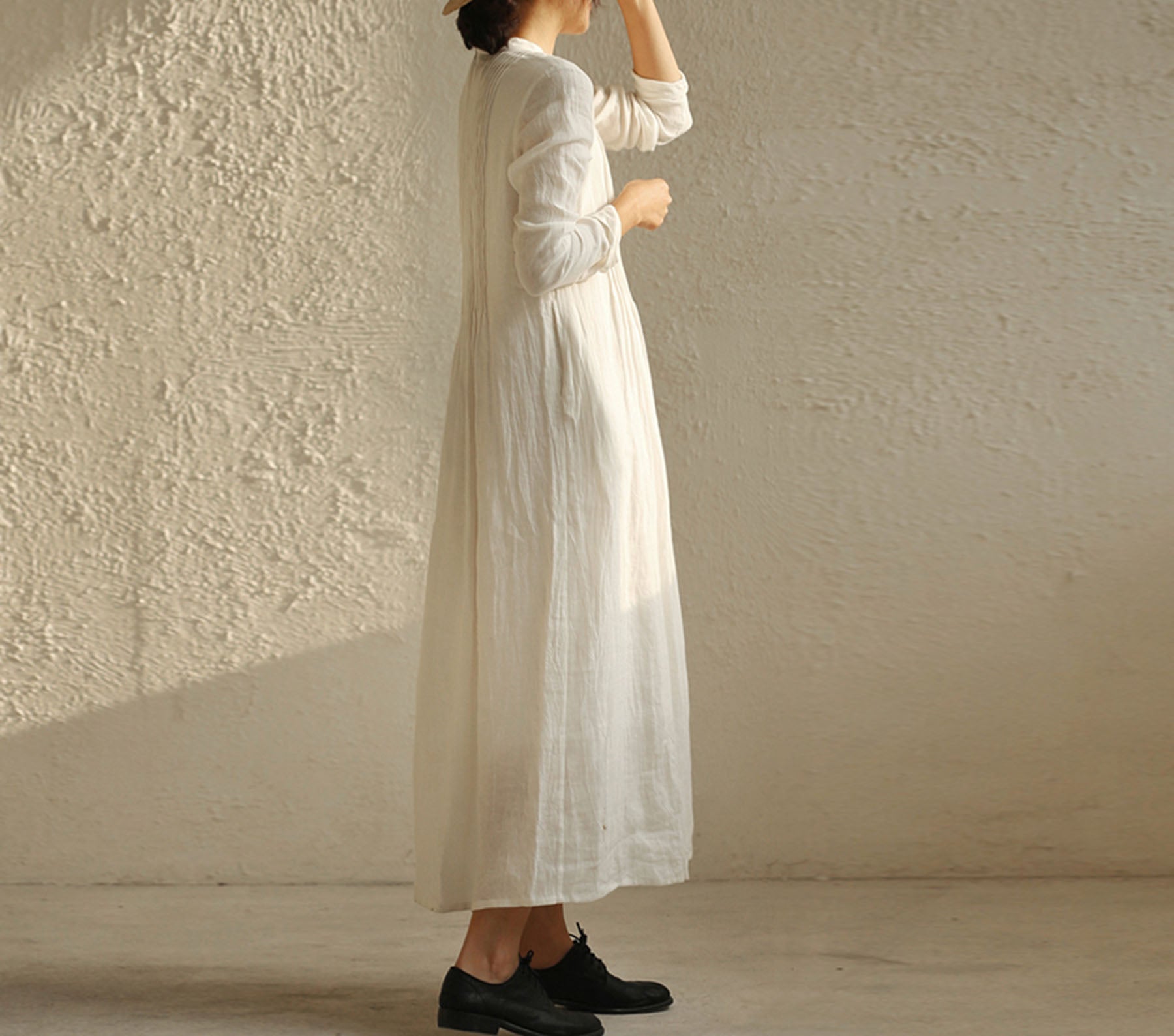 edoa Pintucked Ribbon Collar Distressed Crinkled Linen Dress