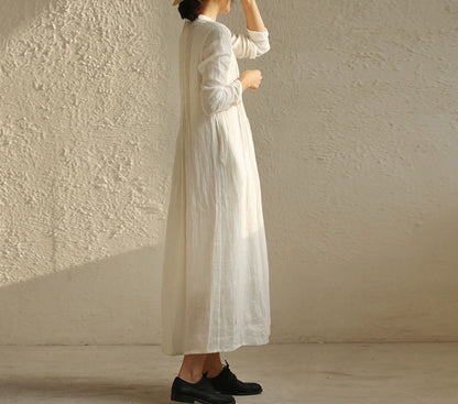 edoa Pintucked Ribbon Collar Distressed Crinkled Linen Dress