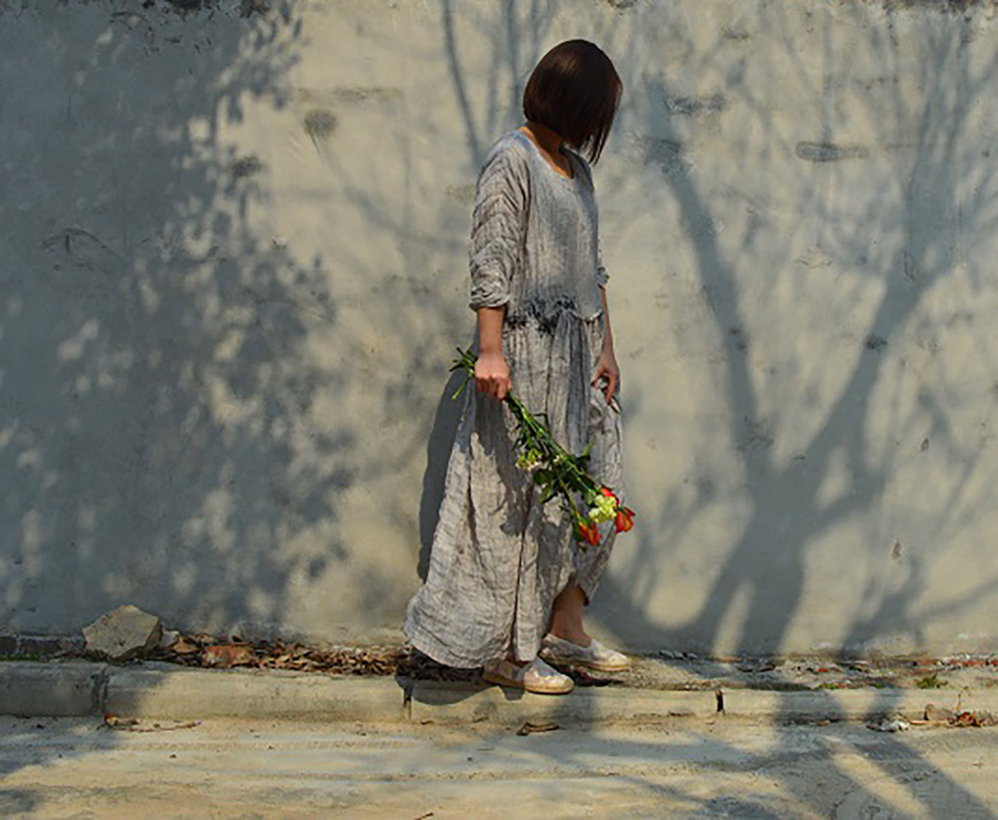 edoa Double Layered Pintucked Yarn dyed Linen Dress