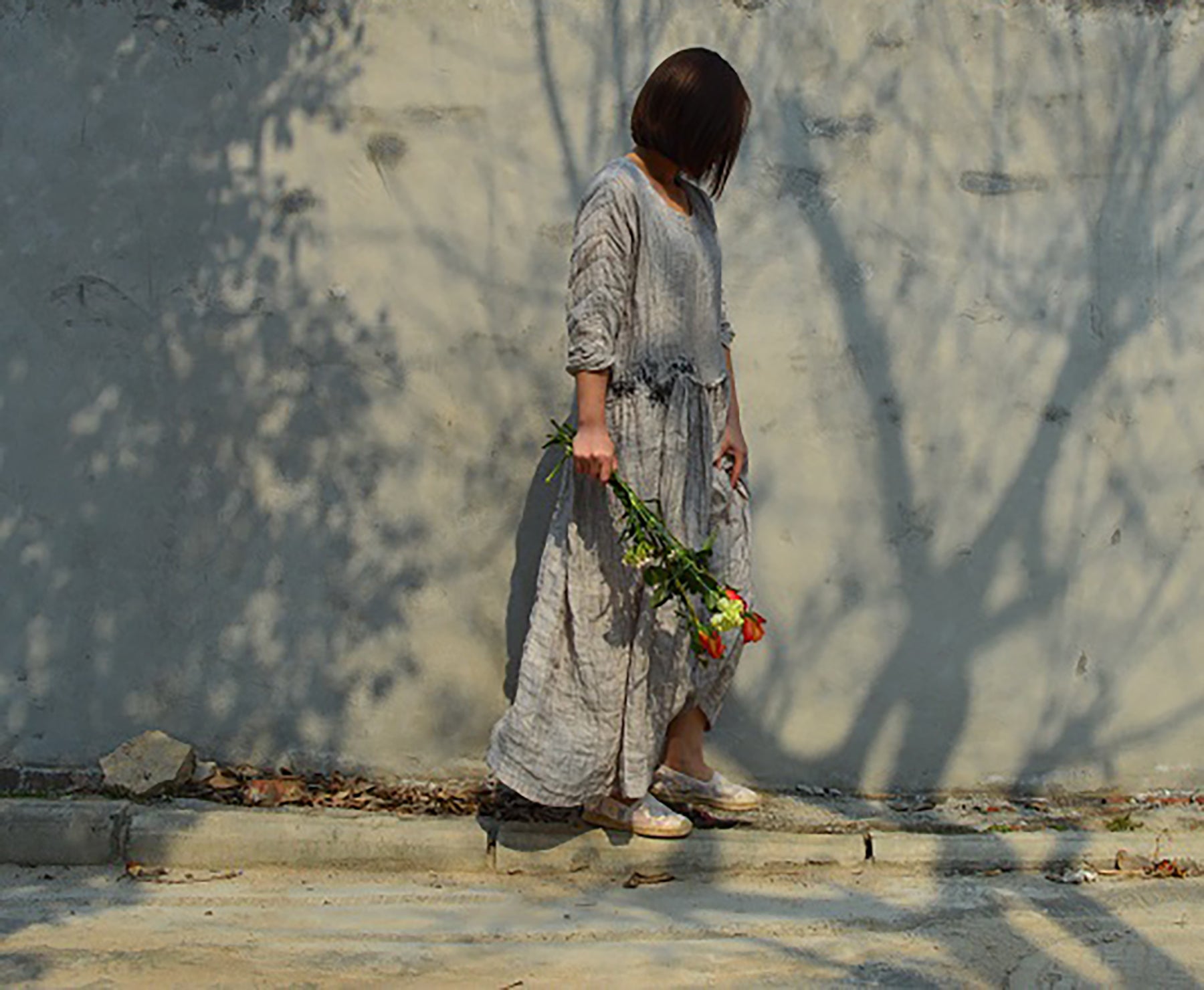 edoa Double Layered Pintucked Yarn dyed Linen Dress