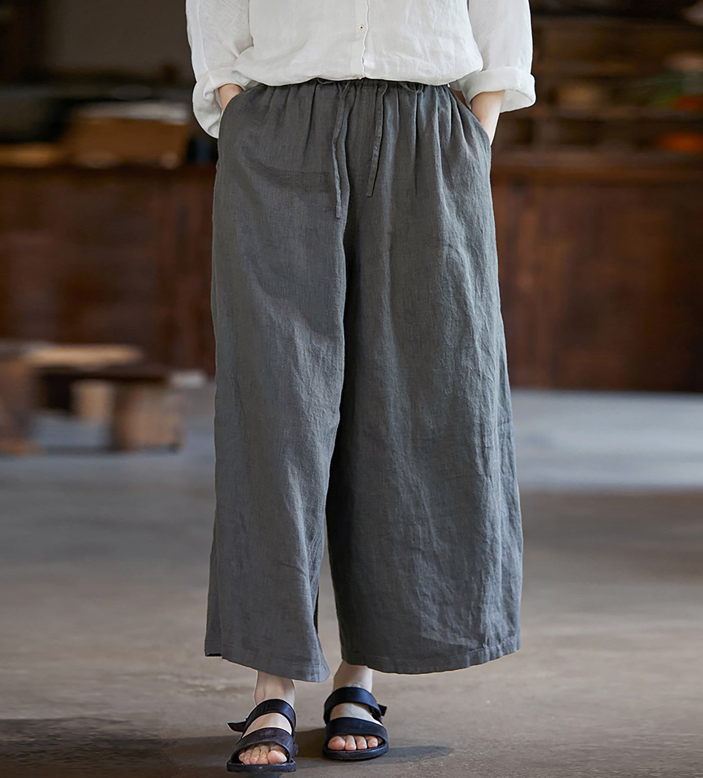 edoa Gray Linen Wide Leg Pants