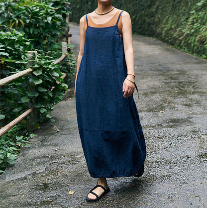 edoa Indigo Blue Linen Cocoon Shape Overall Dress