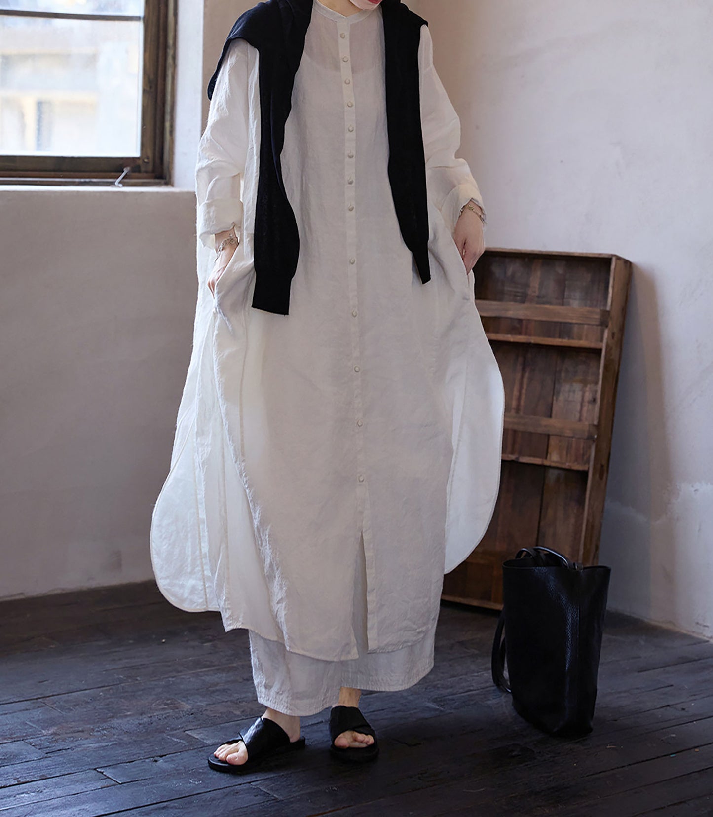 edoa Oversized White Washed Ramie Lightweight Chinese Button Down Shirt Dress