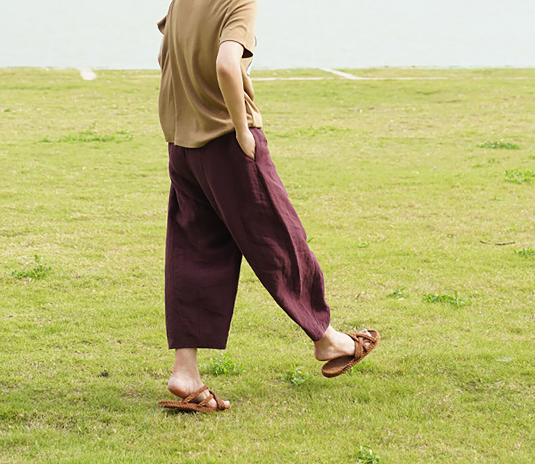 edoa Burgundy French Linen Tapered Pants
