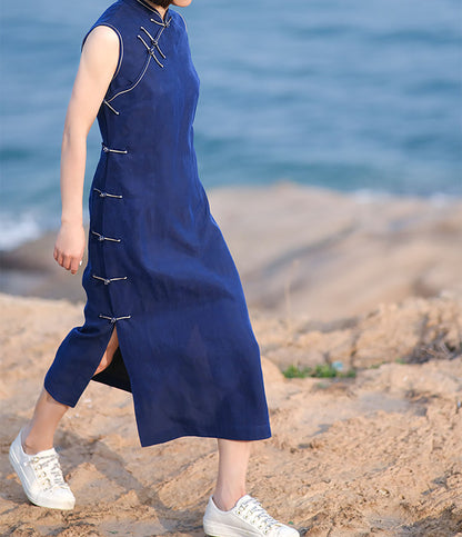 edoa Cracked Mud Silk Sleeveless Qipao Dress
