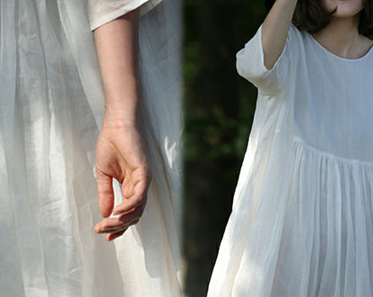 edoa White High Counted Ramie Maxi Dress