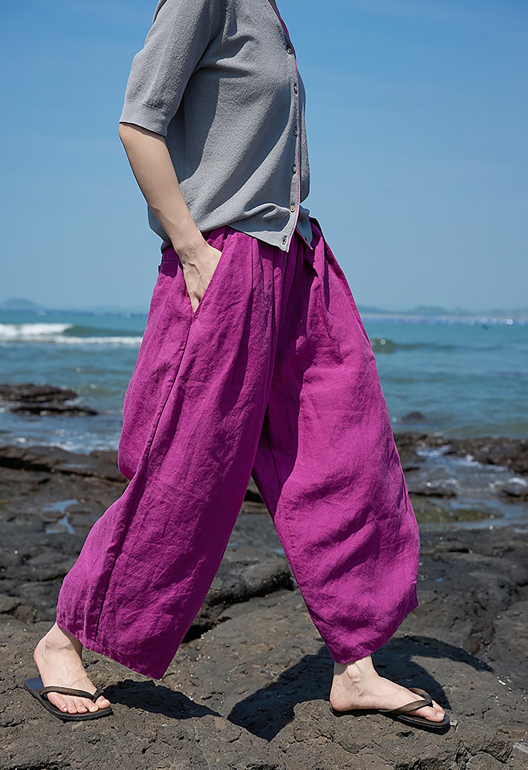 edoa Elasticated Washed Ramie Crop Pants