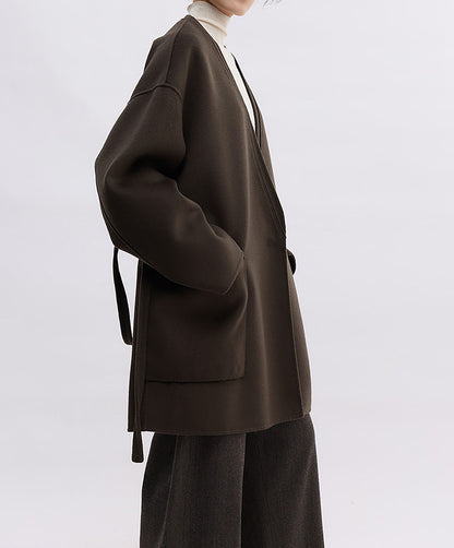 edoa V-neck Double-faced Wool Wrap Coat