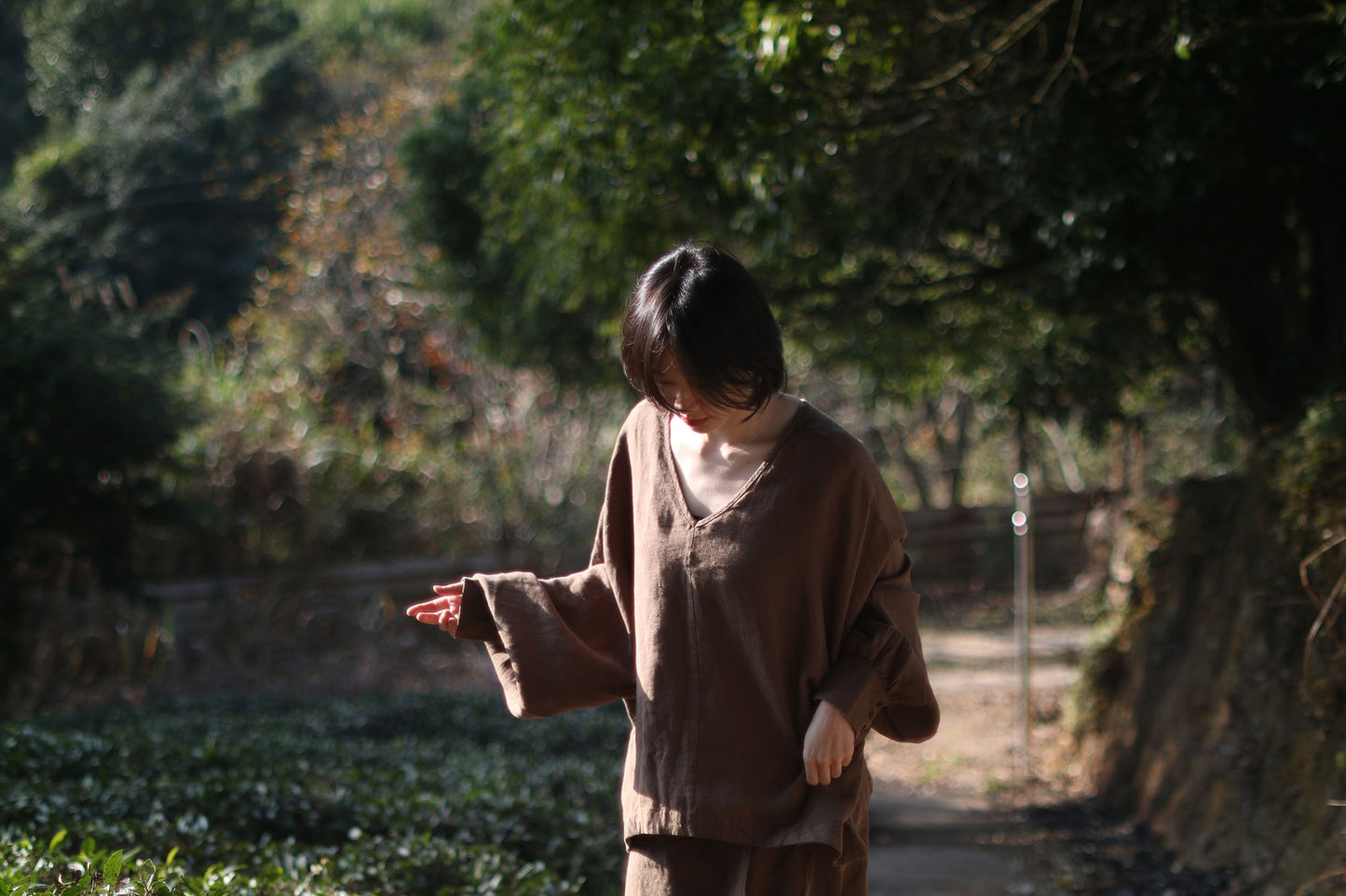 edoa Brown Linen V-neck Blouse with Balloon Sleeves