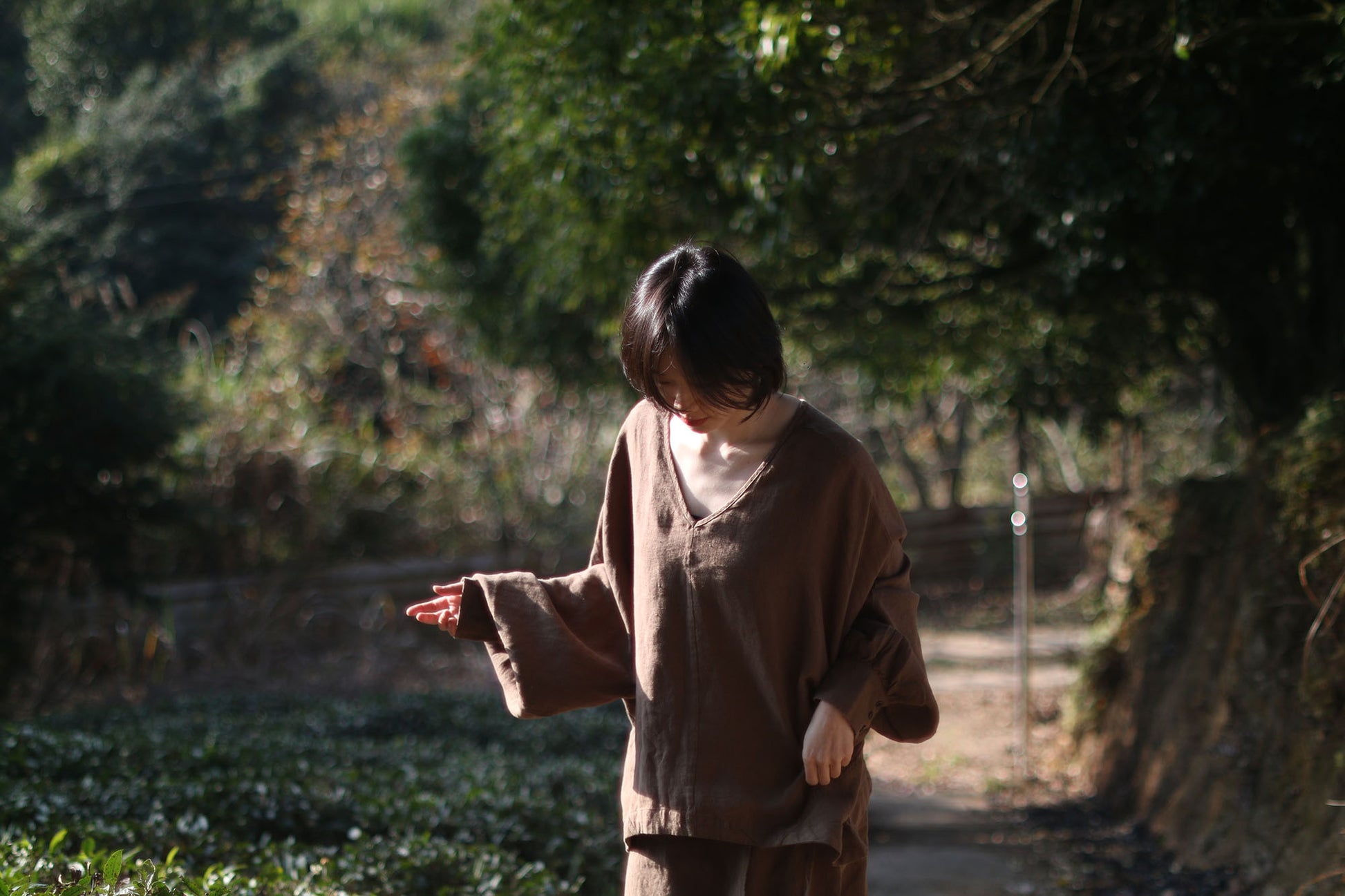edoa Brown Linen V-neck Blouse with Balloon Sleeves