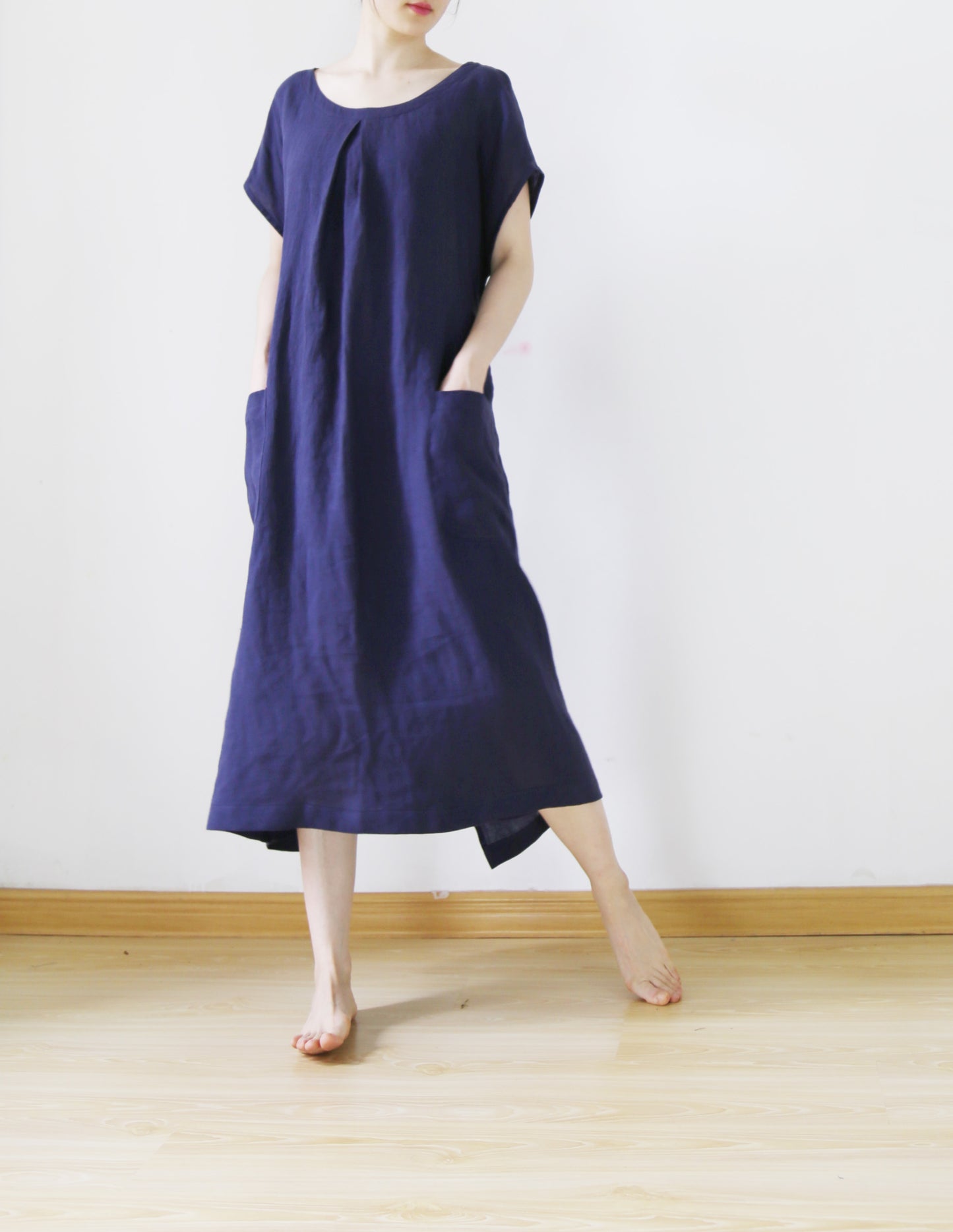 edoa Plus Size Navy Blue Washed Linen Dress 